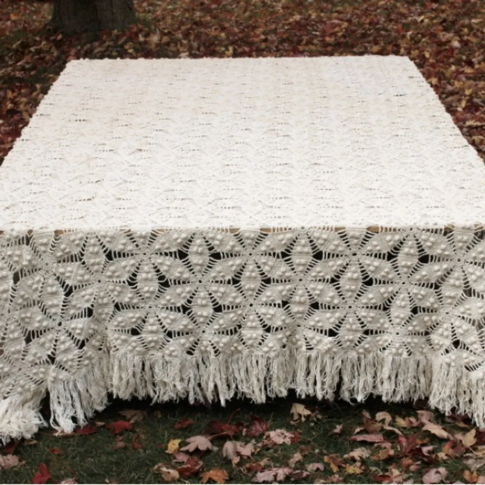 handmade vintage heavy cotton lace bedspread, popcorn crochet stars, long fringe